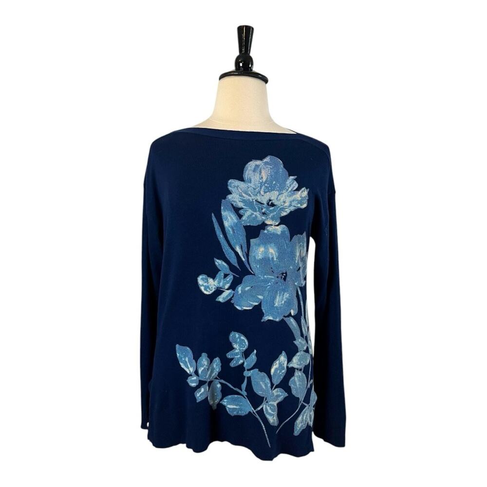 Roz & Ali Dressbarn Sweater Boatneck Long Sleeve Blue Floral Women’s Size Large